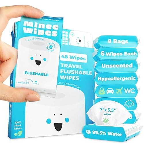 Impossibly Compact Travel Flushable Wipes - 99.5% Water and Aloe - Safe for Sensitive Skin, Hypoallergenic & Unscented - Travel Essentials for Adults, Kids & Baby Care - 8 Pack Total 48 Wipes - Image 1