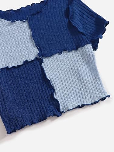 Milumia Girl's Rib Knit Color Block Crop Tee Short Sleeve Lettuce Trim Crewneck Tshirt thumbnail 4