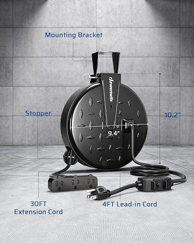 DEWENWILS 30 Ft Retractable Extension Cord Reel, Ceiling/Wall Mount 16/3 Gauge SJTW Power Cord with 3 Electrical Outlets Pigtail for Garage and Shop, 10 Amp Circuit Breaker, Metal Plate, UL Listed thumbnail 2