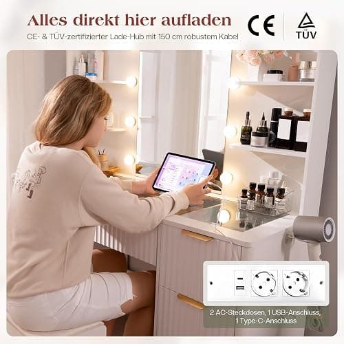 LUXOAK Schminktisch mit Spiegel & 10 LED-Lampen, Großer Frisiertisch mit Glasplatte & Steckdose, 7 Schubladen & Föhnhalterung, Moderner Kosmetiktisch für Schlafzimmer (Weiß, 120 x 39.8 x 136.4 cm) thumbnail 7
