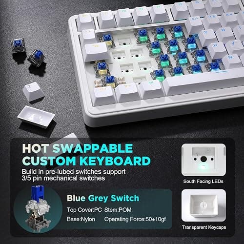YUNZII B75 Mechanical Keyboard,75% Layout with Knob,Hot Swappable RGB Backlit Gasket Mounted, Creamy Typing, Double-Shot PBT Keycaps,Cherry Profile,for Win/Mac (White, Blue Grey Tactile Switch) - Blue Grey Tactile Switch - White thumbnail 5