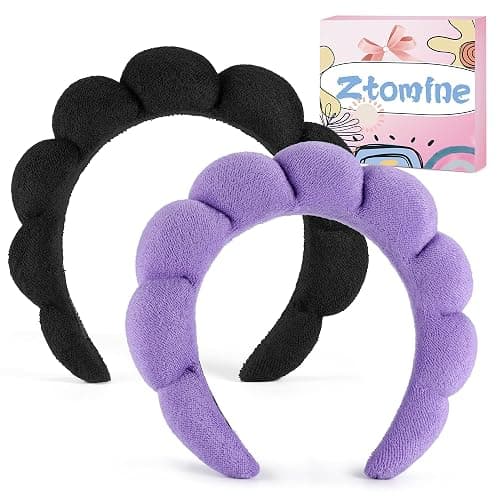 Ztomine Terry Cloth Spa Headbands for Washing Face or Facial, Set of 2, Black & Purple - Puffy Makeup Headbands for Face Washing, Mask, Skin Treatment thumbnail 7