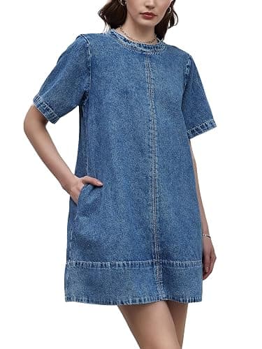 LifeShe Denim Dress for Women Summer Casual Short Sleeve Chambray Mini Jean Dresses with Pockets - Image 1