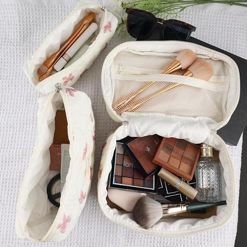 [3 Pack] Makeup Bag for Women Girls, Cute Cosmetic Bag,Travel Make Up Organizer Bag,Large Cotton Quilted Travel Cute Floral Make up Bag,Wide Open Portable Pouch (C-Pink) thumbnail 2