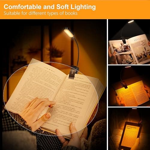Gritin 16 LED Rechargeable Book Light for Reading in Bed- Eye Caring 3 Color Temperatures, Stepless Dimming Brightness, 80 Hrs Runtime, Lightweight Flexible Clip on Light for Book Lovers thumbnail 4
