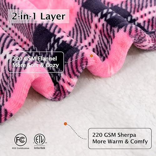 PTQ Electric Heated Blanket 50"x60",Fast Heated Throw with 8 Hours Auto Off/8 Heats Levels,Soft Pink Plaid Sherpa Electric Blanket with ETL Certification & Over-Heat Protection thumbnail 7