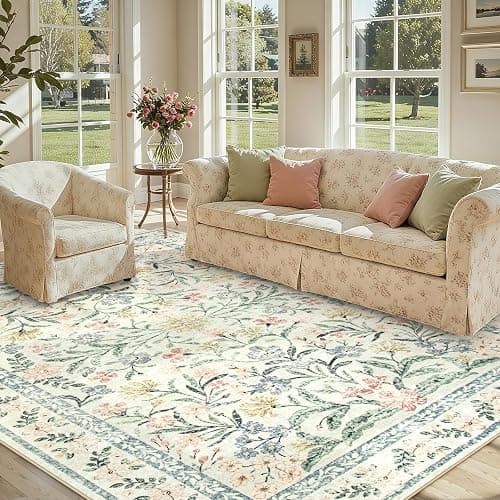 Lahome Boho Rugs for Living Room, Washable Large 8 x 10 Area Rugs for Bedroom Non Slip, Soft Ultra-Thin Distressed Floral Throw Carpet for Office Dining Room, Cream/Multi - Image 1