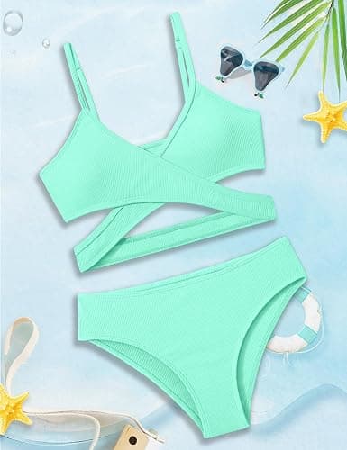 Doumlop Girls Swimsuit Bikini Set,Criss Cross Bathing Suits for Girl Two Piece Solid Color Girls' Swimwear for 7-16 Years thumbnail 4