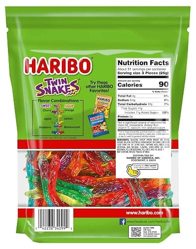 HARIBO Gummi Candy, Twin Snakes Sweet & Sour Gummy Candy, 28.8 Ounce Resealable Party Size Stand Up Bag, Soft & Chewy Snacks, Assorted Fruity Flavors thumbnail 2