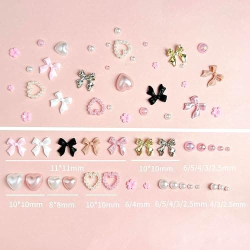 Gold Bow Nail Charms Kit, Cute Pink Flowers Bows 3D Nail Charms for Nails Decoration, White Flatback Pearls Heart Nail Art Jewels for Women Manicure DIY Crafts Accessories thumbnail 5
