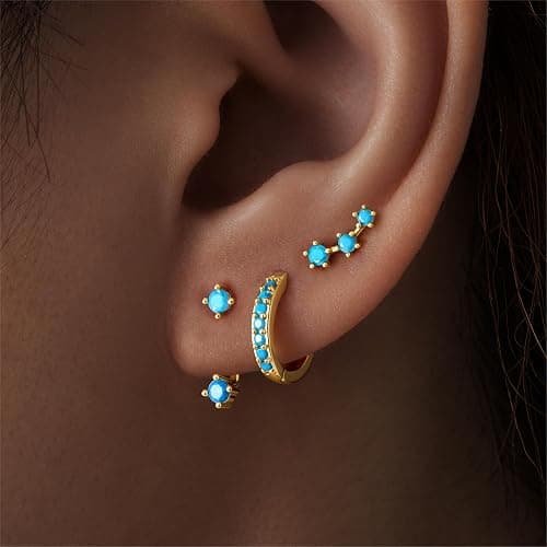Gold Stud Earrings Set for Women, 3 Pairs Huggie Hoop Jacket Studs Earring Stacks, Hypoallergenic 925 Sterling Silver Post Dainty Birthstone Trendy Women Fashion Accessories Jewelry Gifts thumbnail 8