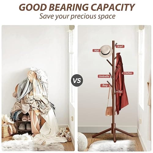Unisakey Durable Wooden Coat Rack, Freestanding Coat Rack with Stable Triangular Base, 8 Hooks & 3 Adjustable Heights, Simple Assembly for Bedroom, Hallway, Office(New Brown) thumbnail 8