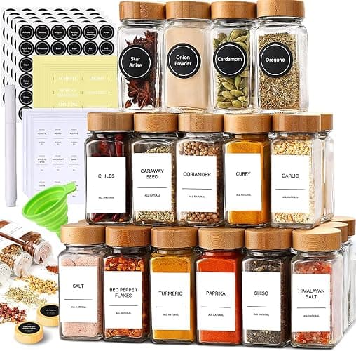 Set of 24 Glass Spice Jars with Various Labels, Bamboo Shaker Lids & Funnel, Kitchen Storage Jars with Airtight Lid, Spices & Seasonings Sets Organizer, Spice Containers, Glass Jar Food Canister - Image 1