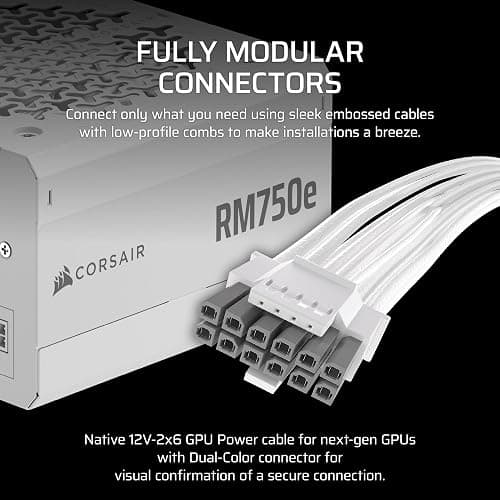 CORSAIR RM750e ATX 3.1 PCIe 5.1 Ready Fully Modular 750W Power Supply – 12V-2x6 Cable Included, Cybenetics Gold Efficiency, 105°C-Rated Capacitors, Modern Standby Mode – White thumbnail 4