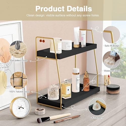 Forbena Black and Gold Bathroom Organizer Countertop, 2 Tier Counter Organizer for Bathroom Decor, Modern Sink Shelf Organizers for Vanity Storage, Make upTray for Makeup Bedroom thumbnail 7