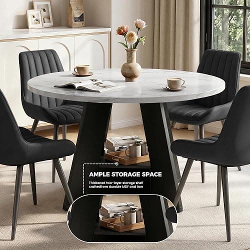 47.3 Inch Round Dining Table Set for 4, Round Kitchen Table with Chairs, Space Saving Dining Room Table set with Storage Shelf for Apartment Kitchen Dining Room, Faux Marble Table+4 Black Chairs thumbnail 7