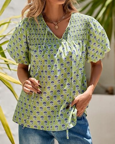 KIRUNDO Boho Tops for Women Summer 2026 Dressy Floral Blouse V Neck Drawstring Short Sleeve Shirts Beach Vacation Clothes thumbnail 8