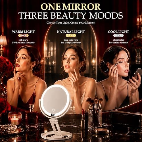 Travel Makeup Mirror with Lights, 1X/30X Double-Sided Magnifying Mirror | Velmelle Foldable Lighted Makeup Mirror with 2000mAh Battery, 3 Lighting Modes, Dimmable Touch Screen & Smart Display thumbnail 4