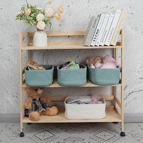 XUANGUO Small Woven Storage Baskets for Shelves, 12" x 8" x 5", Green | Decorative rope storage bins for closets and toy storage; cute organizer baskets, empty gift baskets and nursery storage. thumbnail 4