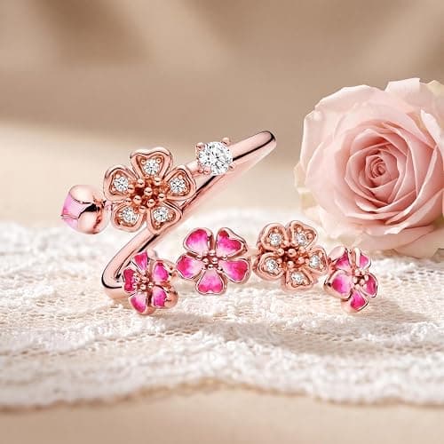 Generisch Pfirsichblütenring, Offener Ring mit rosa Pfirsichblütenzweig, Modeschmuck für Damen thumbnail 6