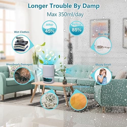 Hoomace Small Dehumidifiers for Bedroom w/Air Purifying Function, 1000 ml/35 oz for 2500 Cubic Feet (260 sq ft) with 7 Colorful LED Lights Timer Set Negative Ions Below 30 dB, Auto Shut-Down thumbnail 3