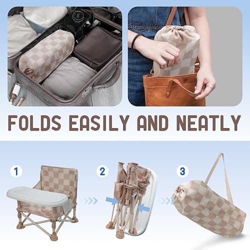 Tiny Marvels Portable 3-in-1 Baby Chair, Cozy Booster Seat, Baby Seat with Tray, Compact Foldable, Toddler Chair with Child Safety Belt Carry Bag, Perfect for Travel (Sand Checker) thumbnail 7