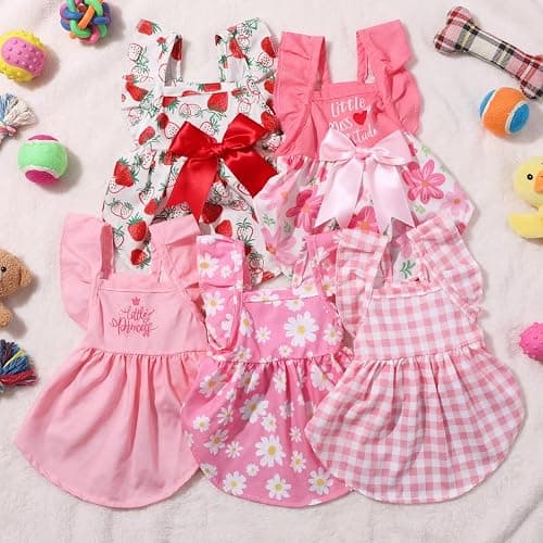 Abbylike 5 Pcs Dog Dress Floral Daisy Plaid Bowknot Dog Clothes Cute Summer Puppy Dresses Outfits Soft Apparel for Pets Cats Female (Pink Sweet,Small) thumbnail 7