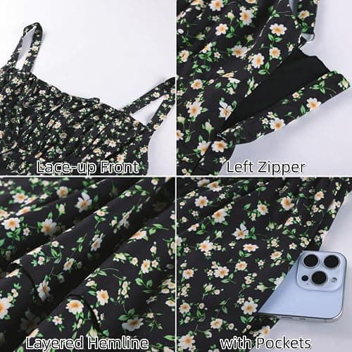 Scarlet Darkness Floral Mini Corset Dress Women Teens Sundress with Pockets | Adjustable Straps, Square Neck, Smocked Back, Zip & Pockets, Dual-Layer Flowy Hem. For Daily, Date, Picnic & Garden Party thumbnail 8