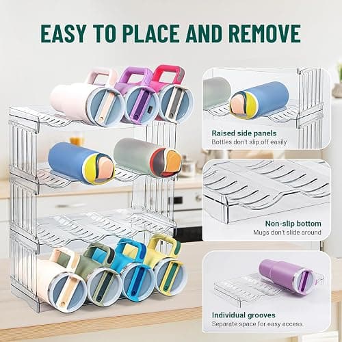 Water Bottle Organizer for Full Stanley 40 oz Tumbler with Handle, Cabinet Pantry Kitchen Organizers and Storage for Owala Stanley Cup Accessories Holder, Patented Stackable Tumbler Organizer Gifts - 16-Large bottles thumbnail 7