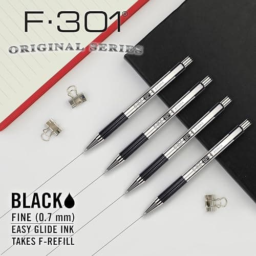 Zebra Pen STEEL F-301 Retractable Ballpoint Pen, Black Ink, 0.7mm, 4-Pack | Stainless Steel Barrel, Non-Slip Grip, Easy-Glide Ink, Fine Point, Professional Design, Ideal for Journals & Planners (27114) thumbnail 3