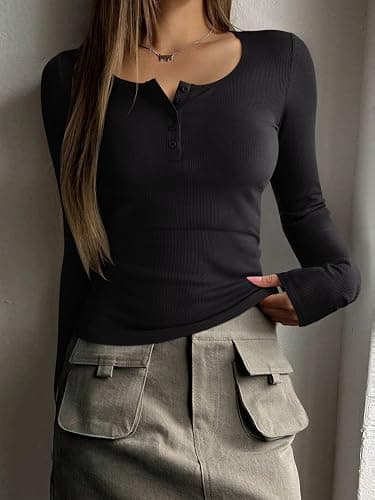 REORIA Women's 2025 Fall Long Sleeve Henley T Shirts Button Ribbed Knit Slim Fit Casual Basic Tops Blouse thumbnail 3
