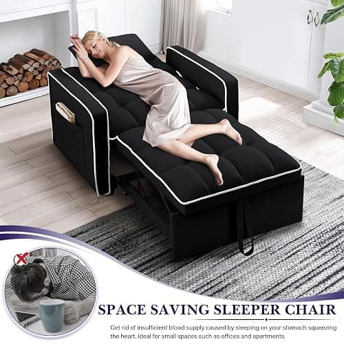 Convertible Sleeper Chair Bed, 3 in 1 Modern Velvet Pull Out Sofa Bed, Small Tufted Single Sleeper Chair with Adjustable Backrest/Pillow for Living Room, Small Spaces, Apartment, Office, Black thumbnail 4