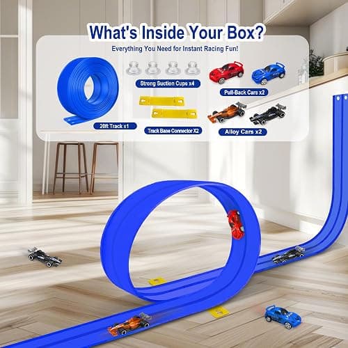 Flexible Race Track for Kids Starter Set - 20FT Flex Race Car Ramp Track with Strong Suction Cups, Rolls Up Portable DIY Racetrack Compatible with Hot Wheels & Diecast 1/64th Cars thumbnail 6