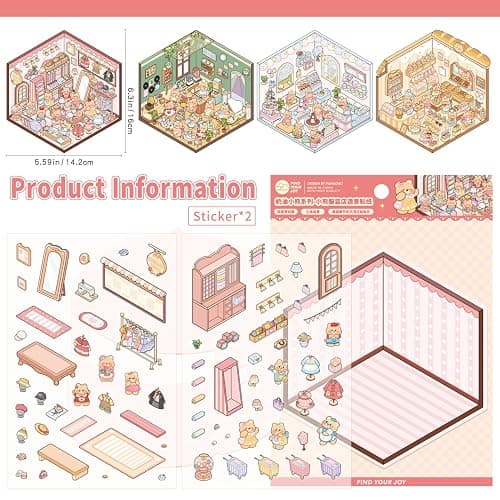Girls 3D Miniature Scene Stickers, 4 Sets Mini Shop DIY House Stickers for Clothing Store, Coffee Shop, Bakery, Dessert Shop, Cute 3D Cartoon Sticker Scenes for Adult Kids Relief Stress Pass The Time thumbnail 4