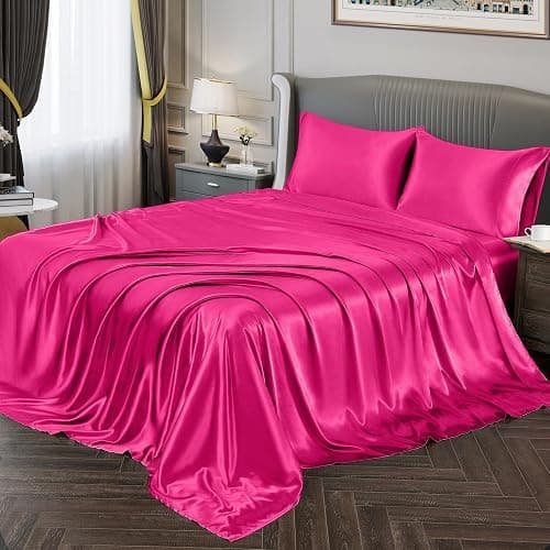 Vonty Satin Sheets Queen Size Silky Soft Satin Bed Sheets Hot Pink Sheet Set, 1 Deep Pocket Fitted Sheet + 1 Flat Sheet + 2 Pillowcases - Image 1