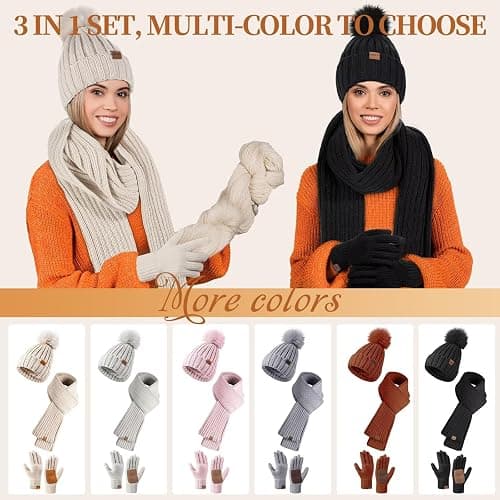 Winter Beanie Hat Scarf Gloves Set for Women, Womens Beanie with Pom Pom Long Scarf Neck Warmer Touchscreen Gloves 3 in 1 Set thumbnail 7