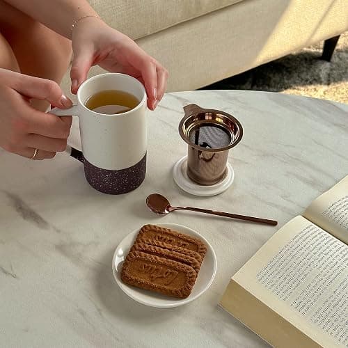 Mora Ceramics Tea Cup with Loose Leaf Infuser, Spoon and Lid, 12 oz, Microwave and Dishwasher Safe Coffee Mug - Rustic Matte Ceramic Glaze, Modern Herbal Tea Strainer - Great Gift for Women, Garnet thumbnail 7