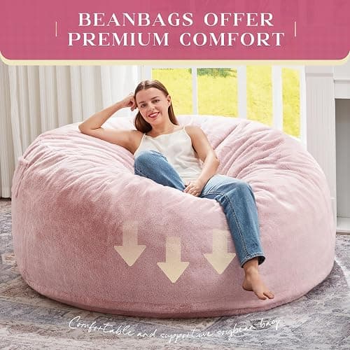 Hobestluk Bean Bag Chairs Giant Beanbag Chair with Filler, Memory Foam Bean Bags with Fluffy & Machine Washable Cover, Bean Bag Chairs for Aduts for Living Room, Bedroom (Pink, 5FT - 50” x 50” x 24”) thumbnail 6