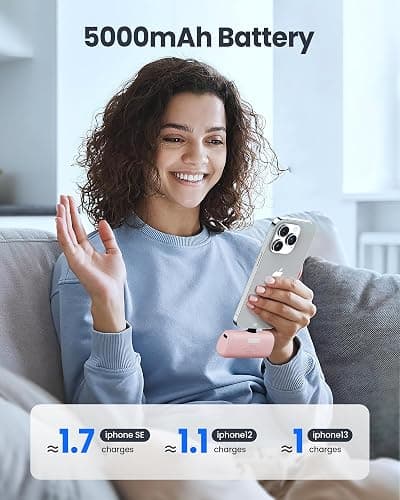 Taegila 5000mAh Portable Charger with Built-in Cable, MFi Certified Compact Power Bank, LCD Display and LED Lights, Suitable for iPhone Series 14/13/12/11/XR/X/SE/8/7/6 Pro Max (Pink) thumbnail 2