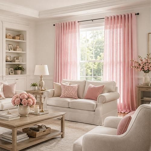 MEETSKY Pink Curtains for Girls Bedroom 96 Inches Long Light Filtering Semi Sheer Curtains for Living Room Grommet Nursery Window Drapes Privacy Soft Boho Farmhouse Style, 52" x 96", 2 Panels thumbnail 9