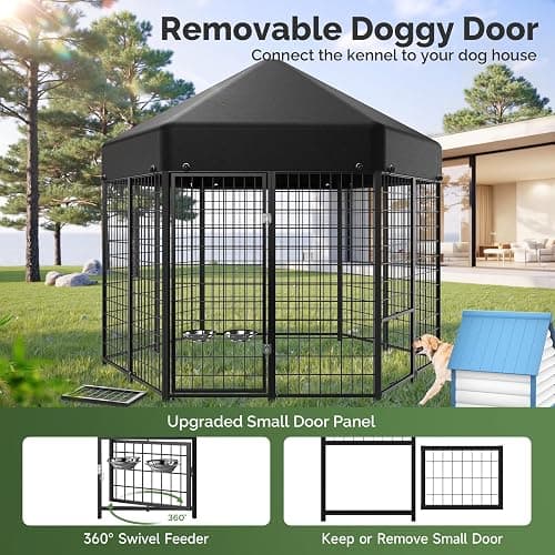 Sino Luban Outdoor Dog Kennel Outside Run with Doggy Door, Swivel Feeder&Roof - 7x7x6.4FT Large Dog Kennels Pens Outside for Large/Multiple Dogs - Heavy Duty Cage(Can Connect to Your Dog House) thumbnail 3