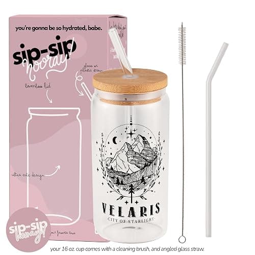 Sip Sip Hooray ACOTAR 16oz Glass Can Cup with Lid and Straw, Velaris City of Starlight Iced Coffee Tumbler, Night Court Bookish Drinkware, Dishwasher Safe Fantasy Gift for Women, To The Stars Mug - ACOTAR thumbnail 2
