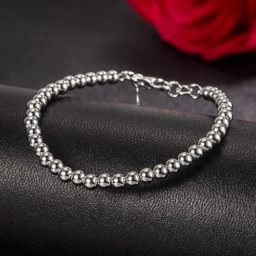 H&Beautimer 925 Sterling Silver 4-10MM Ball Chain Bracelet For Women's - Italian Handmade Bead Chain Bracelet 5''5.7''6.3''6.7''7.5''8''8.3''8.5''9 Inch Rose Gold Party Jewelry - 4MM Silver - 5 inches thumbnail 5