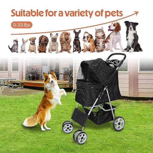 ZENY Foldable Pet Stroller, Cat/Dog Stroller with 4 Wheel, Pet Travel Carrier Strolling Cart with Storage Basket, Cup Holder (Black) thumbnail 8