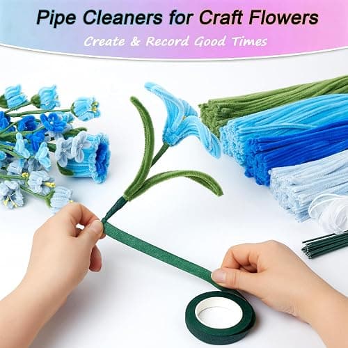 400 Pcs Pipe Cleaner Flower Kit Blue Pipe Cleaners Bulk Craft for DIY | with 5 colors Chenille Stems with Instruction Floral Tape, Ribbon, Flower Centers, and Stems thumbnail 4