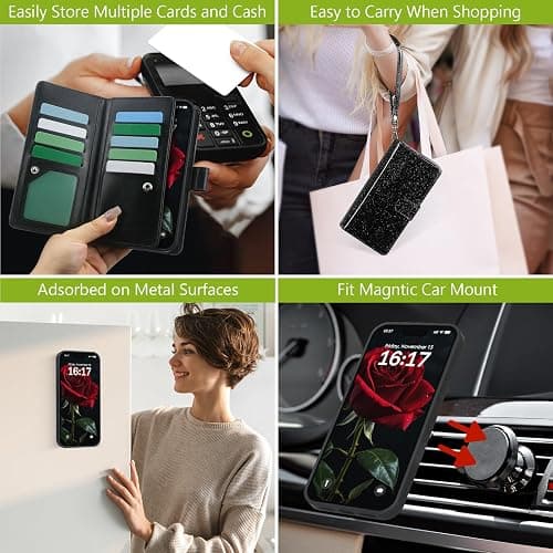 Varikke for iPhone 15 Case Wallet Strong Magnetic Detachable, Black | Magnetic Detachable Phone Cover, with 9-Card Holder Slots, Glitter PU Leather Flip Removable Wallet for Women with Wristlet thumbnail 5