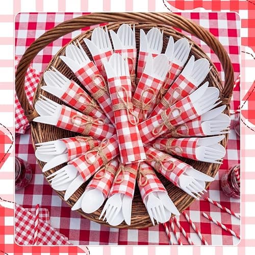 Lanties 200 Pcs BBQ Party Supplies Red White Gingham Biodegradable Disposable Tableware Set for 50 Guests Knives Spoon Fork Paper Napkins for BBQ Baby Shower Birthday Wedding thumbnail 7