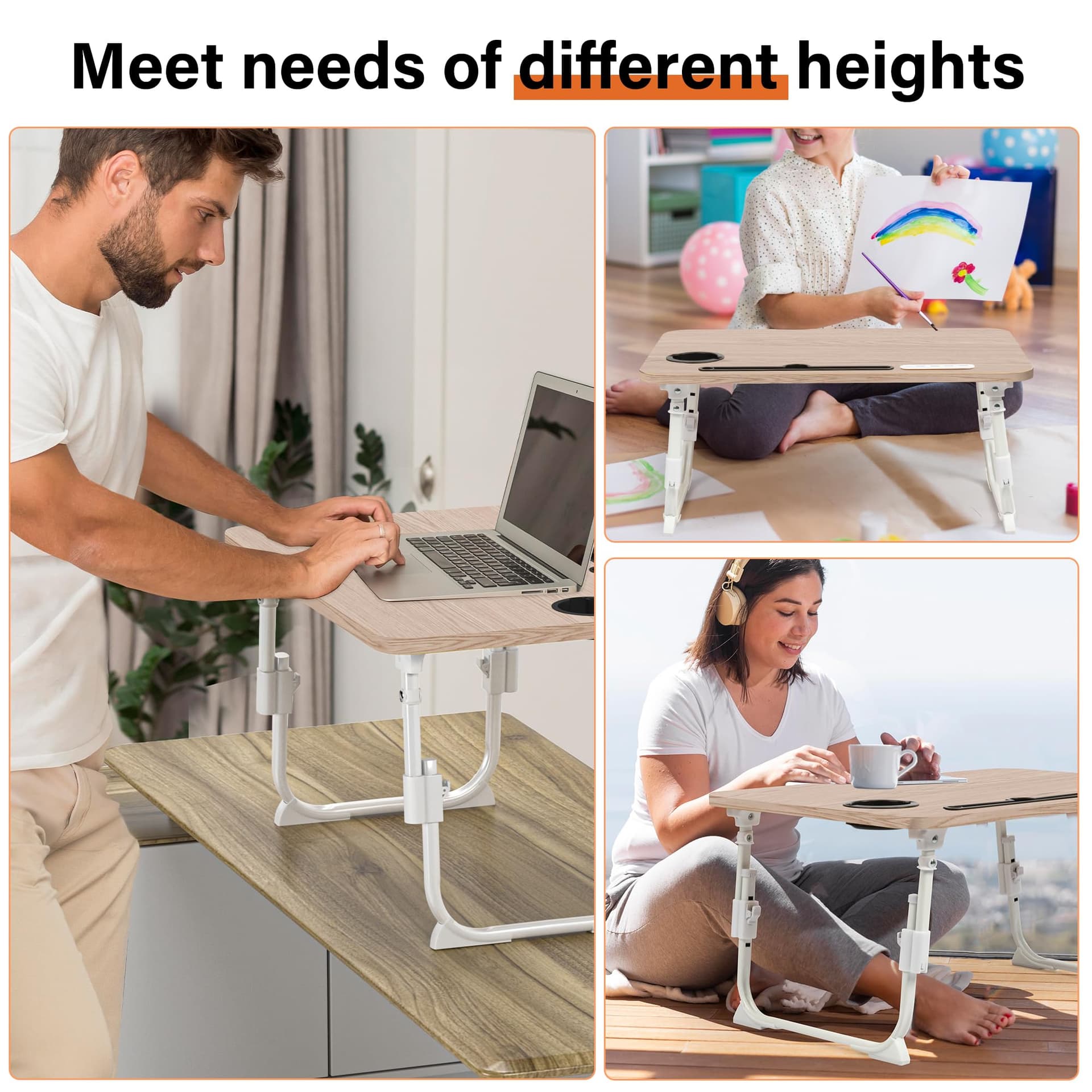 Laptop Desk for Bed Height Adjustable, Lap Bed Table with USB/Storage Drawer/Cup Holder/Tablet Stand/Book Shelf, Foldable Breakfast Tray Portable for Reading Writing, Sofa & Floor, Glacier thumbnail 6