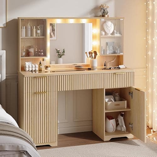 Fluted Makeup Vanity Desk with Mirror and Lights, Glass Top 48" Wood Vanities w/Charging Station , Dressing Table w/3 Drawers & 2 Large Storage Cabinets, Dustproof Organizer for Bedroom Gift(Natural) - Image 1