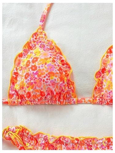 BEAUDRM Women's 2 Piece String Bikini Sets Floral Print Ruffled Halter Tie Backless Thong Swimsuits Bathing Suit thumbnail 3
